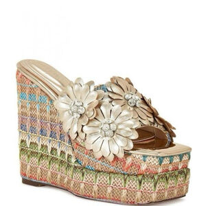 AZALEA WANG Sz 7 Monya Multi Colored EMBELLISHED Floral Wedge Sandals NWT
